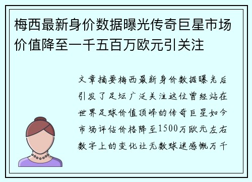 梅西最新身价数据曝光传奇巨星市场价值降至一千五百万欧元引关注 梅西最新身价数据曝光传奇巨星市场价值降至一千五百万欧元引关注